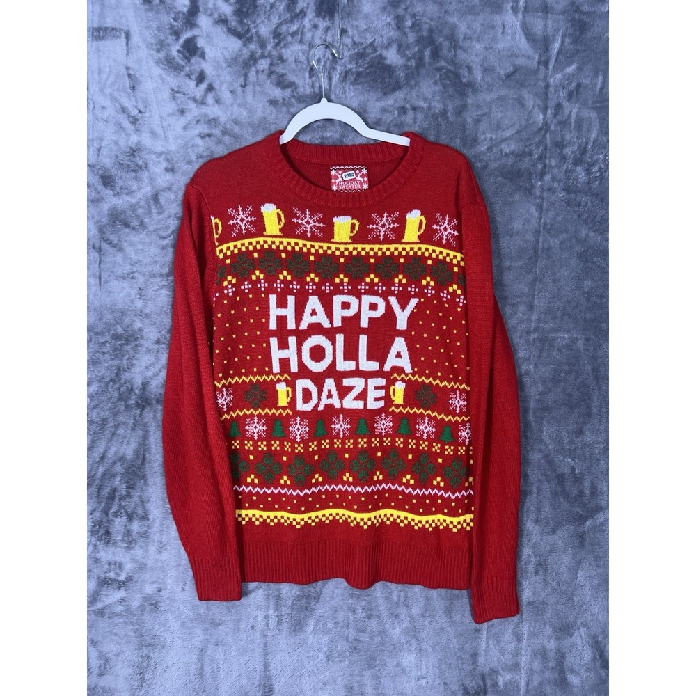Hybrid Holiday Sweater Mens Large Red Happy Holla Daze Beer Ugly Christmas Knit